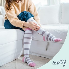 Motif Medical Maternity Compression Socks for Comfort & Support - Pregnancy & Postpartum Pressure Socks - Knee-High Pregnancy Compression Socks for Women (Gray/Pink Stripes, Large)