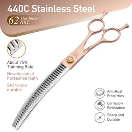 Fenice Peak Professional Curved Chunker Dog Grooming Scissors 8.0'' Rose Gold Thinning Shears Extremely Sharp Blades 440C Stainless Steel Thinning Shears Durable Smooth Fine Cut for Dogs and Cats.