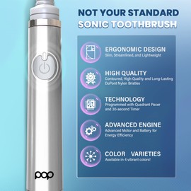 Pop Sonic The Ultimate Pro Toothbrush (Silver) | Rechargeable Tooth Brush w/Up to 40,000 Brush Strokes/Minute - Long-Lasting Dupont Nylon Bristles - for Teens & Adults w/Quadrant Pacer & Timer