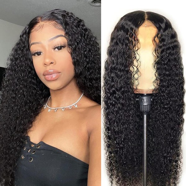 Eooma 4x4 HD Transparent Lace Front Wigs Human Hair with Baby Hair 150% Density 18 Inch Brazilian Curly Lace Closure Human Hair Wigs for Black Women Natural Black Color