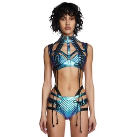 Dolls Kill Rude Awakening Harness Bra Top by Club Exx - Vegan Leather, Lace-Up, Cropped Fit - Perfect for Festivals and Raves - Blue, Large