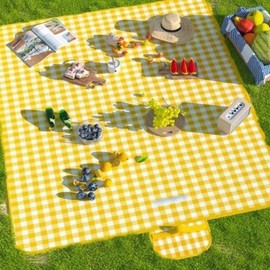 Foldable Picnic Mat with Handle - Large 8-Person Beach Mat Camping Yellow