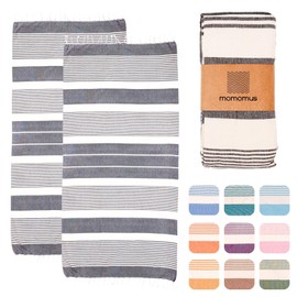 MOMOMUS Pack of 2 Fouta XL or Beach Towel Cotton 100% - Absorbent, Ultra Soft, Compact - Beach Towel Fringe and Hammam Towel Thin Sauna, Spa and Pool - Grey, 90 x 180 cm