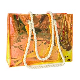 TotePrint PVC Holographic Shopping Bag Beach Bag - Reusable Transparent Tote Bag with Rainbow Effect, Waterproof Cotton Rope Handles for Supermarket, Beach, Brown