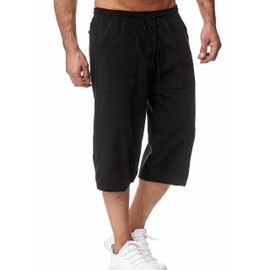HangNiFang Men's Long Linen Shorts Below Knee Pocketed 3/4 Summer Drawstring Capri Pant(0131-Black-XL)