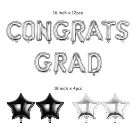 Pargleev Congrats Grad Balloons with Star Hanging Foil Balloons Letter for 2025 Grad Graduation Retirement Party Decorations Silver Black
