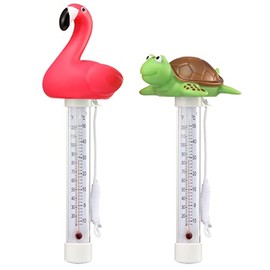 2 paquetes de termómetro flotante para alberca, diseño de flamenco y tortuga, tamaño grande, lecturas precisas y fáciles de leer para temperatura del agua, resistente a roturas con cuerda para