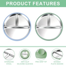 Chingcoo Stainless Steel Baby with Suction Cup, 304 Stainless Steel Baby Plate, Children's Plate with Suction Cup, Non-Slip Baby Plate with 3 Compartments, Dishwasher Safe (Orbicular)