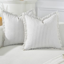 Striped Farmhouse Throw Pillow Covers 18x18 Inch Set of 2 Boho Pillow Cover Cotton Neutral Pillow with Tassel Fringe for Sofa Couch Bed Living Room Farmhouse Decor