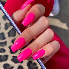 KQueenest Acrylic Press on Nails Long Square, Hot Pink False Nails Long Medium Coffin, Glossy Natural Solid Color Fake Nails Set, Reusable Gel Stick on Nail for Women Finger Daily Wear 24 Pcs