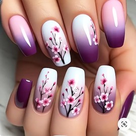 24Pcs Cute Flower Press on Nails Long Square Fake Nails Purple Gradient Acrylic Nails Full Cover Glossy False Nails White Flower Stick on Nails for Women Girls Spring Summer Nail Art Decor