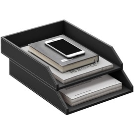 Leather Letter Tray, Thipoten Stackable Desk Organizer Holder for Office Supplies, Paper, File, Magazine, Perfect Office Organization for Desktop (Black-2Tiers)