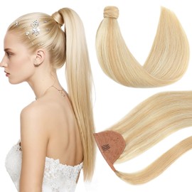 Youngsmile Ponytail Extension Human Hair 18 Inches 80 Grams 27 Caramel Blonde with 60 Platinum Blonde Ponytail Hair Extension Straight Wrap Around Hairpieces (PT#27P60-18inch)