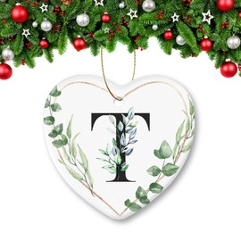 2023 Christmas Ornaments Ceramic Christmas Tree Decorations Durable Heart-Shape Hanging Ornament 3.22X3.07in Alphabet Initial Letter Pendant - T