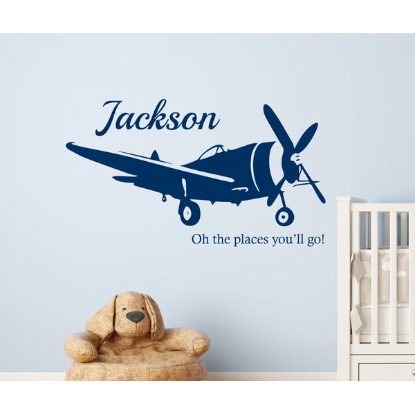 Custom Name Airplane Wall Decal - Airplane Wall Decal - Nursery Wall Decals - Oh The Places You'll go Baby Wall Decor Nursery Home Vinyl Sticker (36"W x 20"H)
