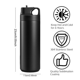 Xanthelle Trinkflasche, Schwarz 500 ml Trinkflasche Edelstahl Mit Strohhalm, Wasserflasche, Water Bottle, Hält Wärme Oder Kälte Lange, BPA-Frei