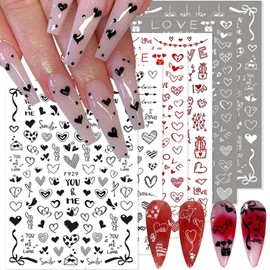10 Sheets Heart Nail Stickers Valentine's Day Nail Art Stickers 3D Self-Adhesive Black White Red Hearts Love Nail Decals Design Nail Art Supplies for Women Girls DIY Acrylic Nail Manicure Decorations