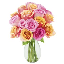 KaBloom PRIME NEXT DAY DELIVERY - Mother’s Day Collection - Sunset Boulevard Bouquet of 18 Pink and Orange Roses with Vase.Gift for Birthday, Get Well, Thank You, Valentine, Mother’s Day Fresh Flowers