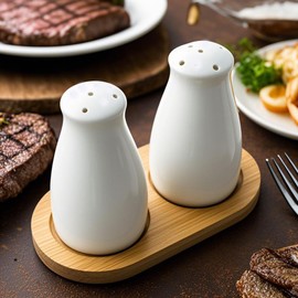 Ceramic Salt and Pepper Shakers Set with a Bamboo Tray,Farmhouse White Salt Shaker for Cooking,Travel,BBQ, Kitchen and Resturant Decor Set of 2
