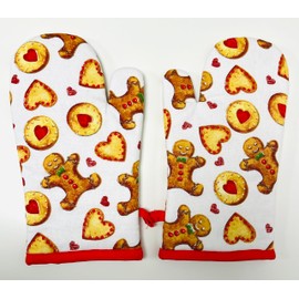 Gingerbread Oven Gloves, Mitts Pair, White with Red Trim