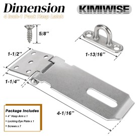KIMIWISE Stainless Steel Hasp Latch, Heavy Duty Hardware Padlock Latch Can be Used on Gates, Bedroom Doors, Cabinets, Sheds, 4 Inch Safety Door Hasp Latch Lock Comes with Screws, Silver, 1 Pack