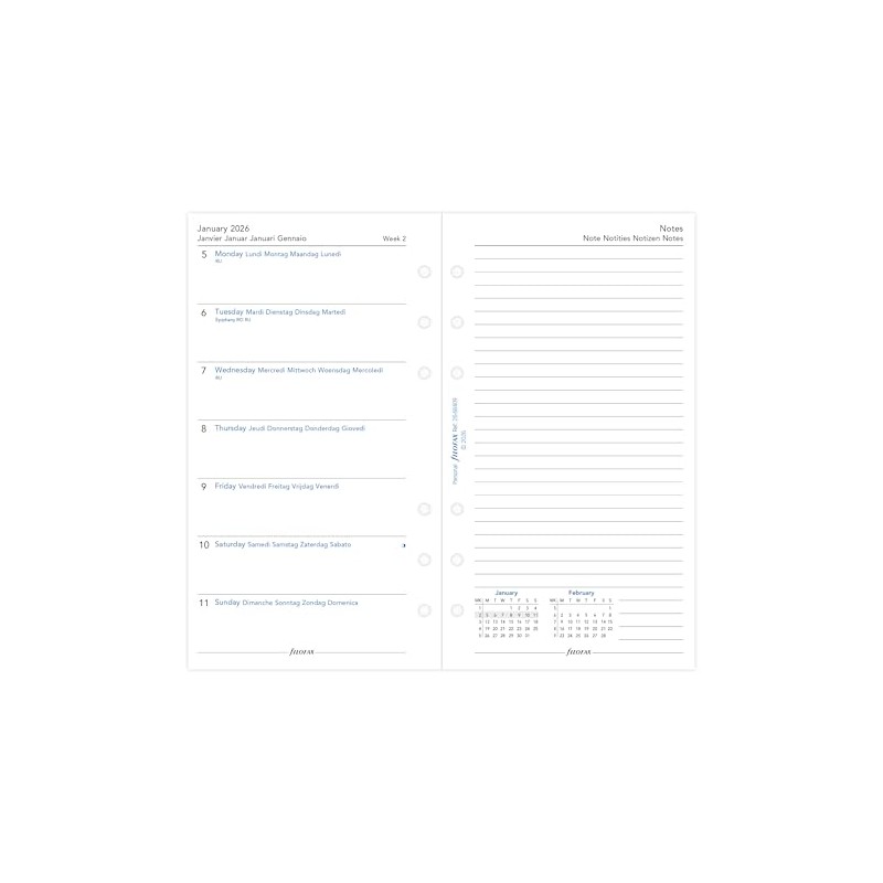 Filofax Personal week per page with notes 5 language 2026