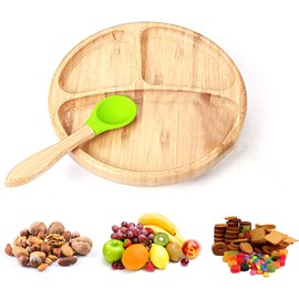 Baby Dinner Plates Portable Non Slip Baby Suction Plate Bamboo Feeding Plate with Spoon