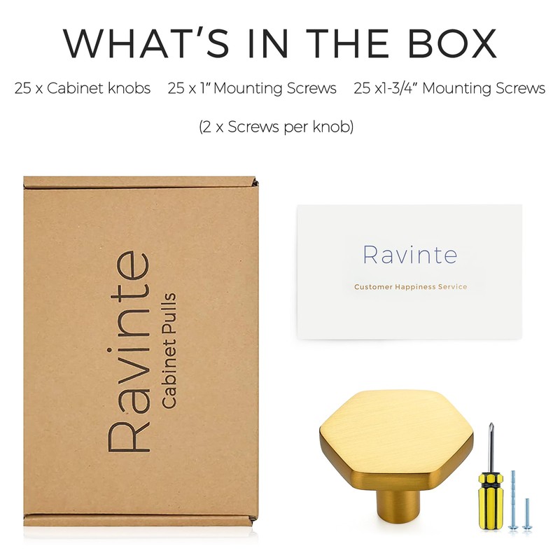 Ravinte 10 Pack Brushed Brass Solid Kitchen Cabinet Knobs Zinc