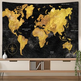 Dtekoj World Geographical Distribution Tapestry, Black and Gold World Map, 90 X 70 IN Panels for Bedroom, Living Room, Dorm