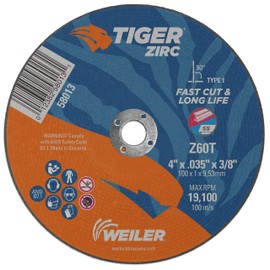 Weiler 58013 4-Inch Cutting Wheel, Tiger Zirc Metal Fast Cut & Long Life, High Performance Cutting, 0.035" Z60T Type 1 3/8" Arbor (Pack of 25)