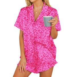 HOTOUCH Womens Soft Comfy Button Up Slik Pajamas Set Short Sleeve Notch Collar Sleepwear Hot Pink Leopard, Small