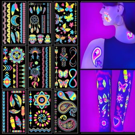 9PCS Neon Temporary Tattoos, 200+ Multiple Unique Designs Glow in the Dark Temporary Tattoos for Women,UV Neon Waterproof Fake Tattoo Stickers Rave Festival Accessories for Women Girls Party Supplies