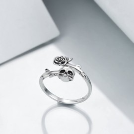 ONEFINITY Gothic Skull Ring Open Wrap Rose Flower Skeleton Statement Ring Sterling Silver Retro Vintage Cocktail Party Punk Jewellery for Men and Women, Sterling Silver