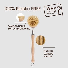 Eco Basics Plastic Free Dish Brush - 22x4x6cm, Bamboo Handle, Biodegradable Tampico Fibers, Non-Stick Safe, Eco-Friendly Interchangeable Heads for Dishes, Pans, Pots, Vegetables