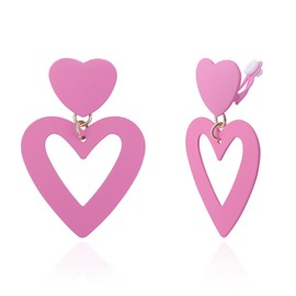 XGALBLA Double Heart Clip-on Drop Earrings for Women - Hot Pink Colorful Love Dangle Statement Earrings - Non-Pierced - Mother's Day Valentine's Day Gift