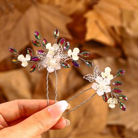IYOU Bridal Wedding Hair Pins Sparkling Crystal Green Hair Pieces Flower Brides Hair Accessories for Women (Pack of 2)
