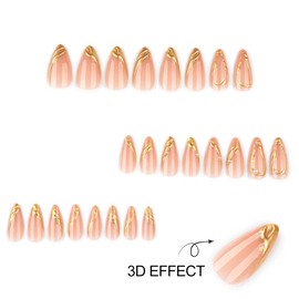Almond Press on Nails Gold Drip Chrome Fake Nails Medium False Nails Press ons with Golden Line Design Reusable Artificial Nail Full Cover Glossy Glue on Nail Stick on Nails for Women Manicure 24 Pcs