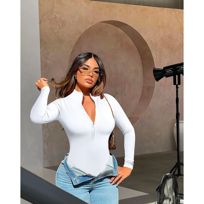 OQQ Women's 2 Piece Bodysuits Sexy Ribbed One-Piece Zip Front