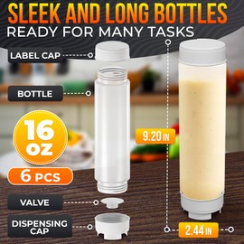 Set of 6 Condiment Squeeze Bottles for Sauces 16 oz – Easy-to-Fill Clear Bottles with Self-Closing Valve - Ready for Dressings, Ketchup, Mustard, Honey Jars - Dispensing Bottles for Christmas Cooking