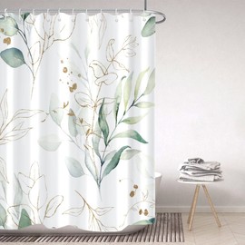 Uiiooazy Eucalyptus Shower Curtain, Green Leaves Plants, Textile Shower Curtains, Anti-Mould, Waterproof, Polyester Fabric, Opaque, Washable, Bathroom Curtain with 12 Hooks, 180 x 180 cm