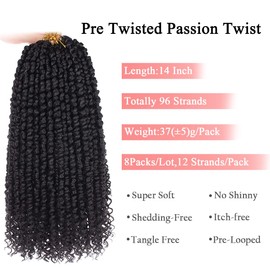 Leeven 8 Packs 14 Inch Pre Twisted Passion Twist Crochet Hair for Women Natural Black Water Wave Crochet Braids Hair Pre looped Curly Synthetic Bohemian Braiding Hair Extensions 12 Strands/Pack 1B#