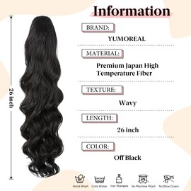 YUMOREAL Wavy Drawstring Ponytail Extensions Long 26 Inch Synthetic Fake Hairpiece for Women Off Black