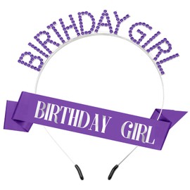 Birthday Crown and Sash Set for Women - Purple Rhinestone Headband, Princess Tiara, Happy Birthday Girl Accessories Gifts