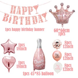 Rose Gold Birthday Party Decor Set with Happy Birthday Banner, Champagne Theme Decoration and Balloons - Multi-Item Pack for Milestone Celebrations (Birthday Crown for All)