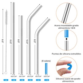 Set de 16 Piezas Popotes,Popotes de Acero Inoxidable,Reutilizables con Puntas de Silicón,Popotes Metálicos para Vasos de 20 24 30 oz,para Hogar, Fiestas y Viajes