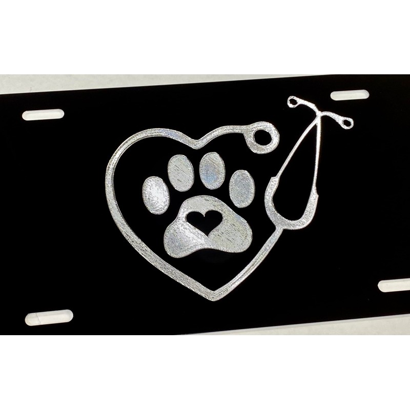 Engraved Veterinarian Dog Paw Car Tag Diamond Etched Vanity Front
