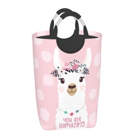 LIBIFALL Cute Cartoon Llama Large Laundry Basket Pink Flower Laundry Hamper Bag Collapsible Laundry Baskets Clothes Hamper with Handles Animals Storage Baskets For Bathroom, Dorm, Family, 50L