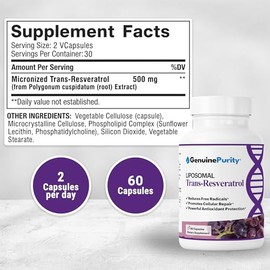 Liposomal Trans Resveratrol 500mg, 60 Vegan Capsules to Support Cellular Health, Antioxidant Activity & Overall Wellness - Non-GMO Trans Resveratrol S