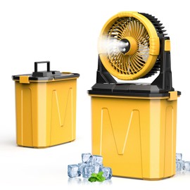 CCGIRU Camping Misting Fan with LED Lantern, 20000mAh Rechargeable Battery Operated Fan with 3 Large Spray Outlets & Hanging Hook, 4 Speeds,Remote Control for Camping, Fishing,Travel-Yellow