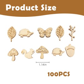 100Pcs Autumn Crafts for Kids,Mini Wooden Mushrooms Squirrel Leaves Acorns Shapes Cartoon Hanging Wooden Embellishments Ornaments Autumn Decorations for DIY Painting Arts Crafts Autumn Home Decor